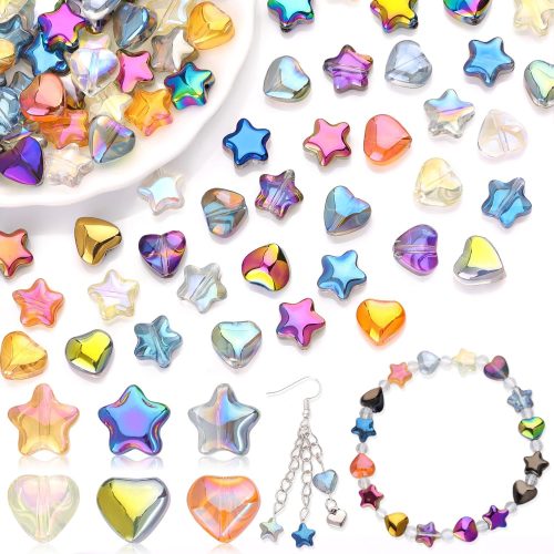 4 200PCS 8MM Glass Star Beads Bedazzling Irisedent Glass Beads,Crystal Star Heart Beads,Eletroplated Mixed Colors Cute Bead for Necklace Bracelet Earring Jewelry Making, Spacer Bead for Crafting & DIY