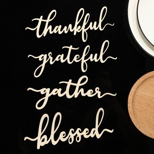 4 8 Pcs Thankful Plate Sign Thanksgiving Wooden Cutout Fall Dining Table Settings Decorative Thankful Grateful Blessed Gather Family Sign Rustic Home Table Decorations(Original Letter)