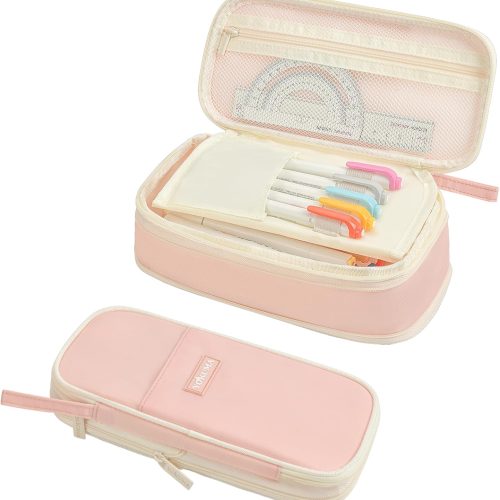 Pencil Case Cute Pencil Pouch for Girls Big Capacity Pen Bag Box, Kawaii Aesthetic College School Supplies for Student Teen Adults Preppy, Pink