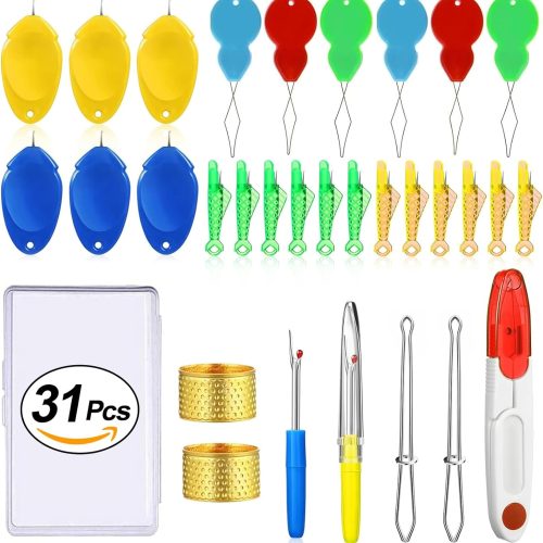 31 Pcs Needle Threaders for Hand Sewing, Fits All Needle Sizes,Include Gourd Shaped Sewing Needle Threader/Fish Type Easy Threader/Thumb Shaped Threaders/Seam Rippers/SewingTweezers/Scissor/Thimble