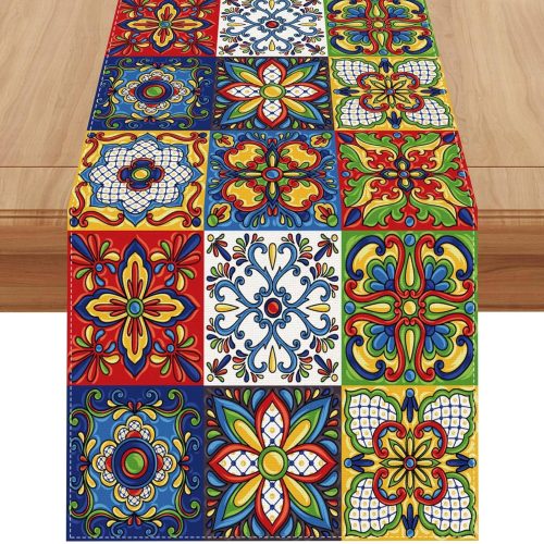 Mexican Talavera Ceramic Tile Table Runner Mexican Fiesta Tablecloth Cinco De Mayo Party Decoration and Supplies for Table 13x72 Inch