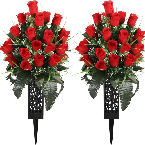 4 2 Sets Artificial Cemetery Flowers Grave Flowers with Vase, Gravesite Memorial Flowers for Cemetery Lasting and Non-Bleed Colors(Red)