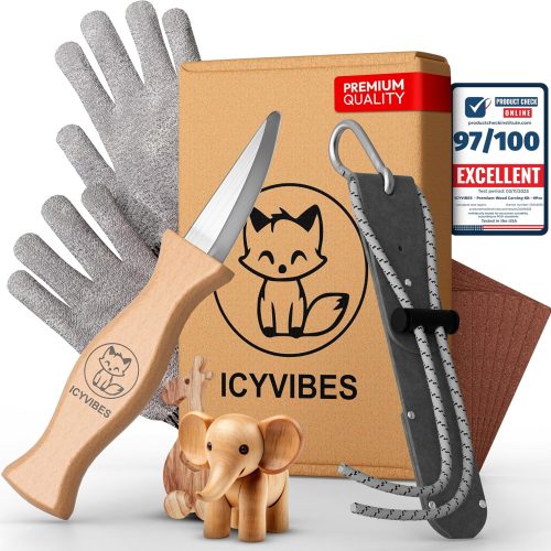 Premium Wood Carving Kit for Kids Outdoor - 9 PCS Whittling Knife Set with Safety Gloves Chisel Pocket Friendly Working Tools Leather Case Creative Bowl Sharpener Gifts (Grey)