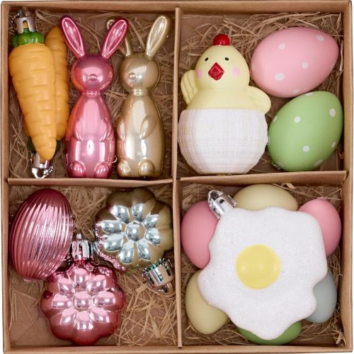 Easter Tree Decorations, 18ct Easter Eggs Ornaments for Basket, Shatterproof Colorful Pastel Plastic Hanging Decor with Hatching Chick, Bunny Rabbit, Fried Egg and Carrot for Home