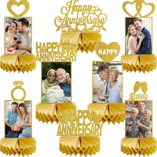 8Pcs Gold Happy Wedding Anniversary Decorations Honeycomb Centerpiece, Gold Glitter Anniversary Photo Table Centerpiece Party Supplies, 25th 30th 40th 50th 60th Gold Anniversary Table Topper