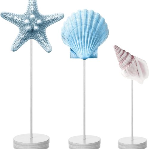 4 3 Pcs Sea Wooden Table Decor Coastal Starfish Seashell Conch Decor Ocean Beach Centerpieces Nautical Standing Themed Block Decoration for Summer Holiday Seasonal Home Kitchen