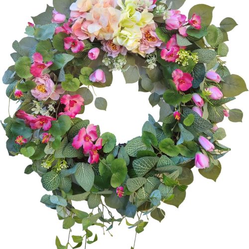 24 Inch Spring Wreaths for Front Door,Spring Front Door Wreath with Pink Tulip and Purple Hydrangea and Peony Flower for Wedding or Mothers Day Wreath Decor