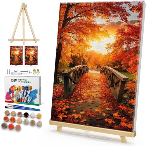 4 Framed Paint by Numbers Kit for Adults, Autumn Leaves Paint by Numbers Kit for Adults with Easel, DIY Landscape Paint by Number with Frame, Adult Paint by Number Kits Framed Canvas 8x12 Inch