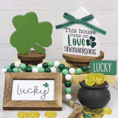 4 St. Patrick's Day Decorations, Lucky, Shamrock, Pot of Gold, Bead Garland, House Shape St. Patrick's Day Wooden Signs for Table Shelf Decor