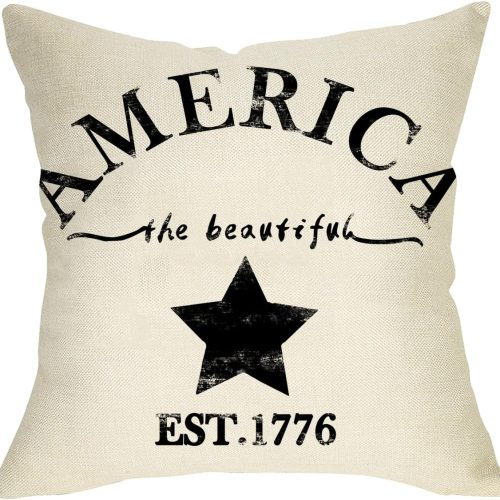 4 July 4th Farmhouse Decorative Throw Pillow Cover America Est. 1776 Patriotic Sign Decoration Rustic Home Decor Cotton Linen Cushion Case for Sofa Couch, 18" x 18"