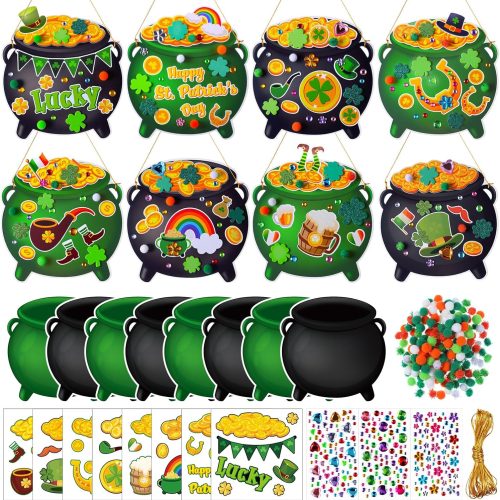 48 Sets St. Patrick's Day Crafts Kit Pot of Gold Paper Crafts Bulk DIY Irish Green Shamrock Lucky Clover Coin Jar Leprechaun Hat Hanging Ornaments for Classroom Activities Arts Party Favors