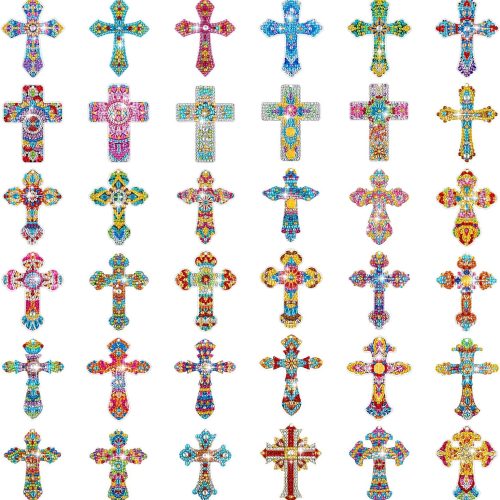 4 36 Pcs Cross Diamond Painting Keychains 5d Double Sided Cross Shaped Diamond Art Keychains for DIY Adults Crafts Home Decor Gift Party Favors