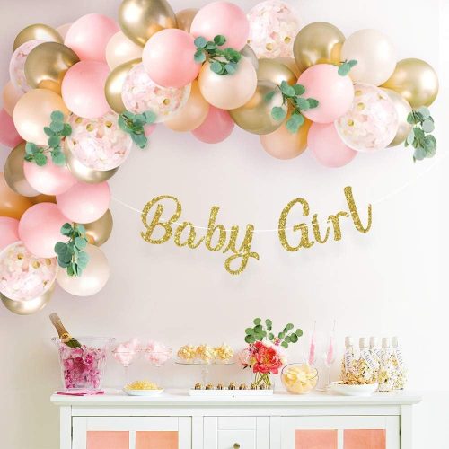 4 Baby Shower Decorations for Girl with Pink Balloon Arch Garland Kit, Baby Girl Banner Decor, Eucalyptus Boho Greenery Vine, Light Pink, Peach Blush, Gold, Confetti Balloons