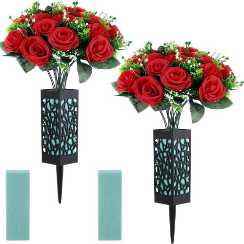 2 Sets Artificial Cemetery Flowers 36 Heads Rose with 2 Grave Markers Flower Holder Vase with Drainage Hole Long Spikes and 2 Floral Foam Blocks for Outdoor Memorials (Red)