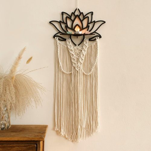 Macrame Wall Hanging Lotus Dream Catcher Yoga Wall Decor Macrame Wall Art for Bedroom Living Room Bathroom Lotus Flower Decor for Aroma Candle Photo Frames Plant