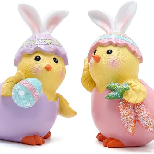 2 PCS Easter Chick Decorations Spring Chicken Decors Figurines Tabletopper Decorations for Party Home Holiday Cute Egg Easter Day Gifts