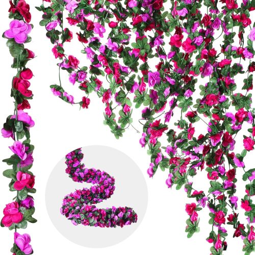 12 Pcs 100 ft Flower Garland Artificial Rose Vine with Green Leaves Hanging Artificial Flower Vines Ivy Garlands Wall Garden Decor for Room Wedding Birthday Arch Decor(Purple)