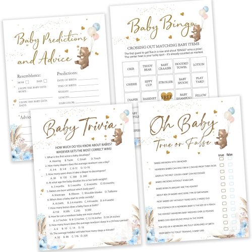 Baby Shower Game, 4 Games for 25 Guests, Baby Predictions and Advice, Baby Trivia, Oh Baby True Or False, Baby Bingo Games, Bear Themed Baby Showers Boys Party Blue Game Card -Set01