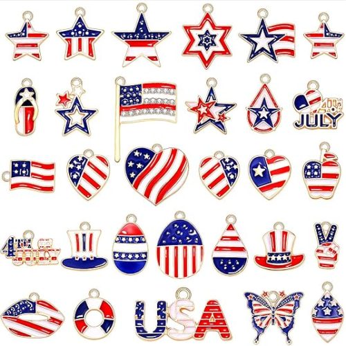 30PCS American Flag Charms for Jewelry Making 4th of July Pendants Enamel Star Heart Patriotic Charms for Necklace Bracelet Earrings Making Kit DIY Crafts