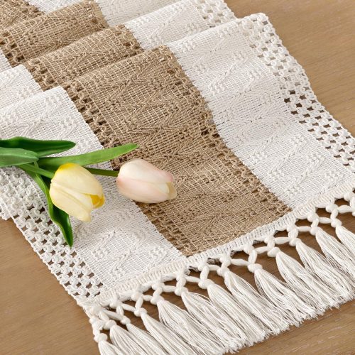 Boho Table Runner Easter Spring Farmhouse Rustic Dining Kitchen Centerpiece Decor Small Macrame Woven Cotton Linen Coffee Table Runner for Dresser Scarf Home Decor 12x48 inch