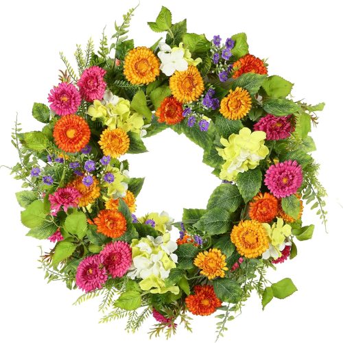 18" Spring Summer Wreaths for Front Door, Artificial Floral Wreath with Daisy Flowers Green Tea Leaves, Green Foliage Wreath for Wall Window Farmhouse Party Holiday Home Decor