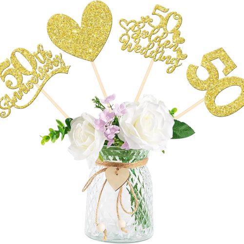 12 PCS 50th Anniversary Centerpiece Sticks Double Sided Gold Glitter Heart 50 Golden Wedding Anniversary Table Flower Centerpieces for Cheers to 50 Years Blessed & Loved Wedding Party Supplies