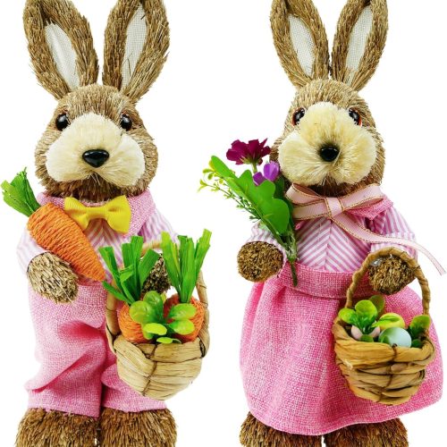Set of 2pcs,14" H Straw Bunny Figurine Tabletop Decor, Pink Sisal Rabbit Couple Statue with Carrots&Eggs, Spring Party Garden Table Decor Centerpiece for Home Office Kitchen Farmhouse;