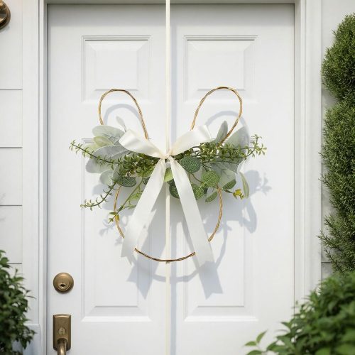 Easter Bunny Wreaths for Front Door Spring Hanging Decorations Easter Wreath with Artificial Greenery Lamb's Ear Leaves Satin Bow Fresh Rabbit Garland for Farmhouse Home Wall Porch Window
