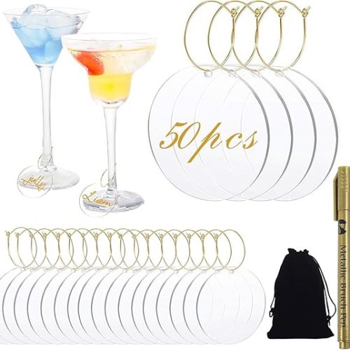 4 50pcs DIY Acrylic Wine Glass Charms with Pen for Stem Glasses,Stem Glass Identifier Tag, Drink Markers Wine Tasting Party Decorations