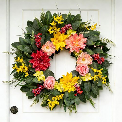 Wreath for Front Door Spring Summer 24''Front Door Floral Wreath Large Greenery Wreaths Eucalyptus Wreath with Dahlia Front Door All Seasons Indoor Outdoor Home Porch Window Farmhouse Hanging Decor ﻿