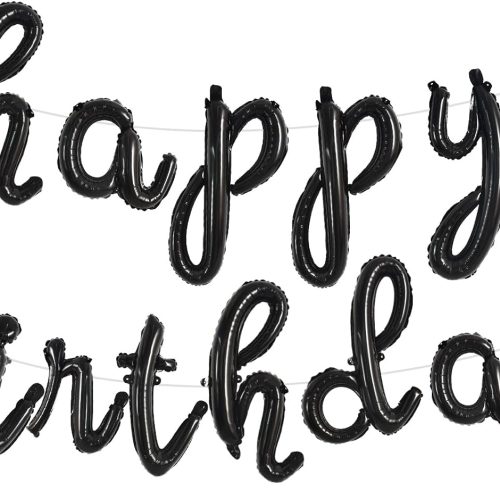 4 Black Happy Birthday Balloons Banner,Cursive Happy Birthday Balloons Black Birthday Decorations Mylar Foil Birthday Decorations for Adults