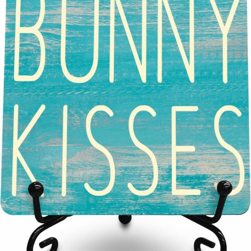 4 4" Easter Wooden Plaque With A Metal Support - Bunny Kisses - Wood Sign Decor For Spring Easter, Happy Easter Farmhouse, Gift For Kids & Adults, Rustic Tabletop Decorations - E02