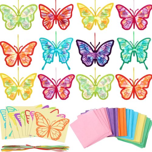 32 Pcs Spring Butterfly Suncatchers Ornament Craft Set DIY Butterfly Shaped Stained Glass Effect Tissue Paper Kits Bulk for Window Art Summer Party Activities Decor Favors Gift