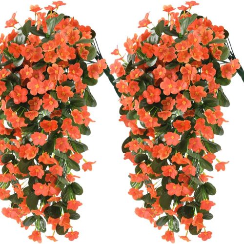 Artificial Fake Hanging Flowers Plants for Outdoor Fall Decoration, 2PCS Faux Silk Violet UV Resistant Look Real Trailing Vines for Outside Home Planter Porch Patio Mums Autumn Decor(Orange)