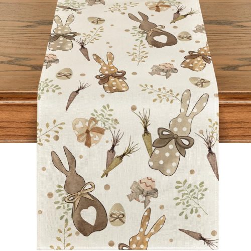 Bunny Rabbit Eucalyptus Eggs Carrots Easter Table Runner, Seasonal Spring Kitchen Dining Table Decoration for Home Party Decor 13x72 Inch