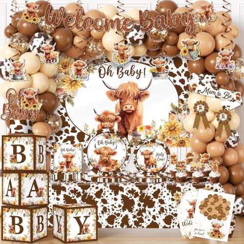 Highland Cow Baby Shower Decorations Include Brown Holy Cow Print Plates and Napkins, Banners, Cake Topper, Tablecloth, Balloon, Highland Cow Birthday Decorations for Boy Baby Shower Cow Themed Party