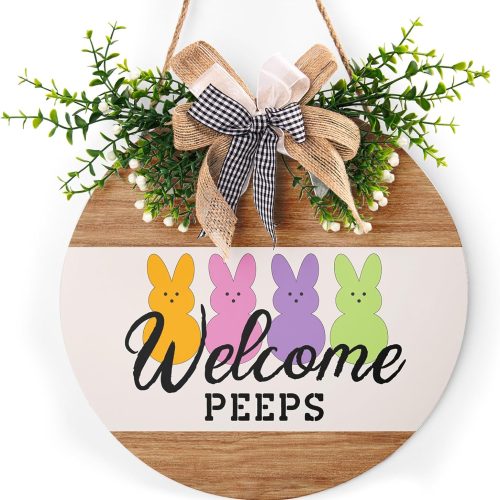4 Easter Decorations Welcome Peeps Door Sign, Cute Bunny Easter Wreaths for Front Door Farmhouse Spring Door Hanger Wooden Wreath Sign with Bow Easter Porch Decorations for Home Yard Garden