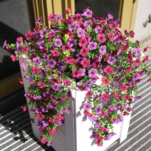 Artificial Hanging Flowers for Outdoors, 2 Pcs Fake Hanging Plant for Spring Summer Decoration, UV Resistant No Fade Faux Silk Daisy Flower for Planter Porch Patio Yard Garden Decor(Light Purple Red)