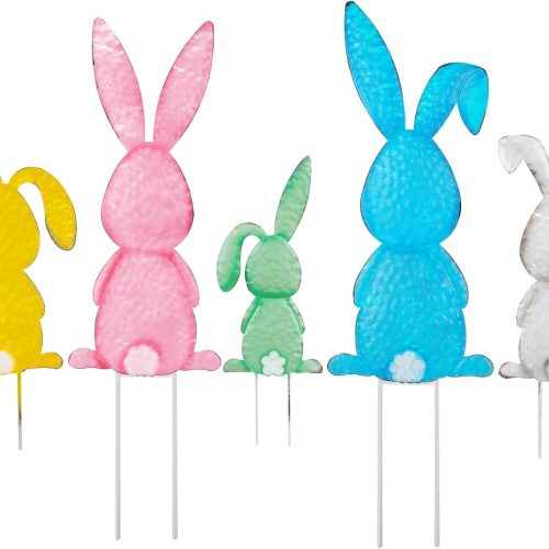 4 5 Packs Easter Garden Stakes Decorations, Metal Bunny Yard Signs, Adorable Rabbit Stakes in Five Colors for Courtyard Patio Spring Lawn Holiday Outdoor Display Props