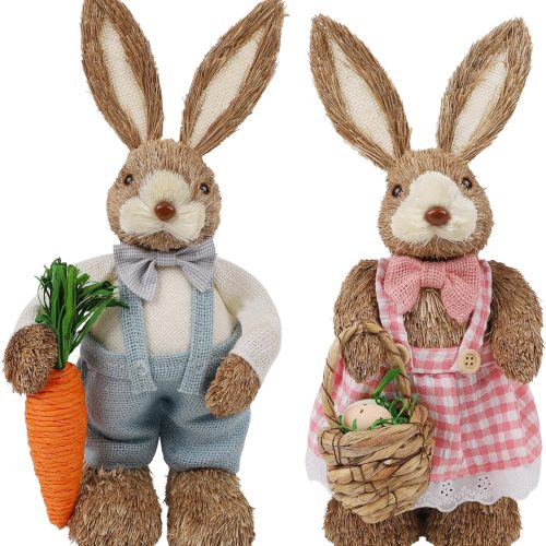 Set of 2 Easter Decorations for Home- 14" Sisal Bunny Figurines with Carrot & Egg, Spring Straw Bunny Couple Farmhouse Centerpieces for Tables, Easter Rabbits Decor