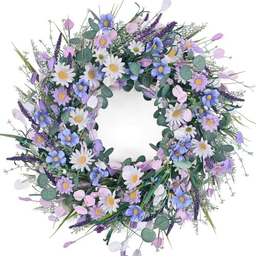 Spring Wreaths for Front Door, 22 Inchs Spring Daisy Wreath Summer Wreath with Floral Lanvender for Indoor Outdoor Wall Porch Window Decor and Festival Celebration