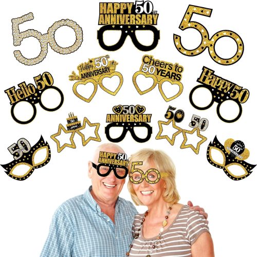 24pcs 50th Anniversary Paper Eyeglasses Decorations, Black Gold Happy 50th Wedding Anniversary Theme Party Supplies, Cheers to 50 Years Anniversary Marriage Glasses Photo Booth Props Decor