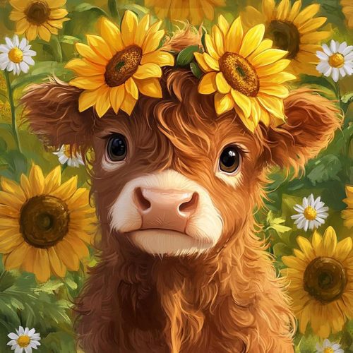 4 Diamond Art Kits for Adults Highland Cow, DIY 5D Diamond Painting Kit for Beginners Sunflower, Cow Full Round Drill Gem Art Dots for Adults, Perfect for Home Wall Decor 14X14 Inch