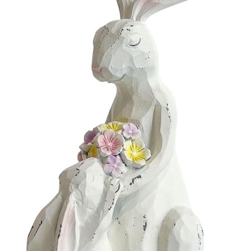 Easter Bunnies Statue Home Decor - Charming Hand Painted Resin Rabbit Figurines with Flower, Pretty Spring Home Decor & Gift