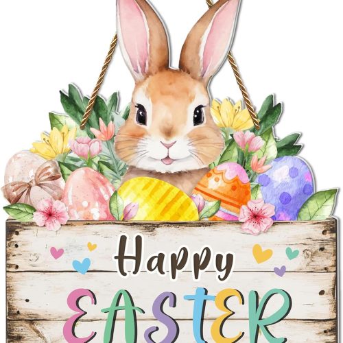 4 Happy Easter Signs for Home Decor Outdoor Indoor 11.4" Floral Spring Bunny Egg Door Wreaths Sign for Front Door Easter Bunny Rabbit Sign Wall Hanger Sign for Porch Yard Wall Decorations