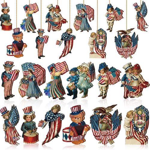 24 Pcs USA 250th Anniversary 4th of July Ornaments Vintage Patriotic Tree Ornaments Wooden Memorial Day Decorations Red White Blue Hanging Pendant for Small Tree Party Decor(Warm)