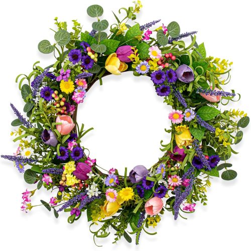 Artificial Spring Wreath 22 Inch Spring Wreaths for Front Door Tulip Wreath with Green Eucalyptus Leaves Daisy Lavender Berry for Sringtime Summer Holiday Indoor Outdoor Decor