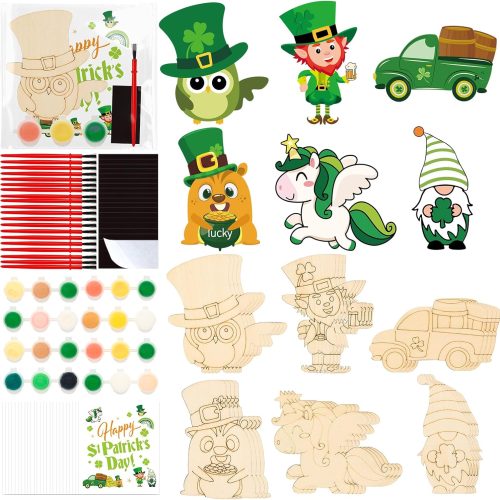 24 Set St. Patrick's Day Crafts Wood Painting Kit - DIY Paintable Shamrock Magnets, Leprechaun Clover Designs for Fridge Decor, School Parties Classroom Art & Irish Holiday Activities Gifts