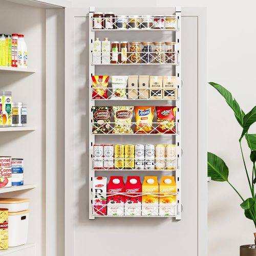 1 Over the Door Organizer, White 6-Tier Pantry Door Organizer with Adjustable Basket, Hanging Spice Rack Cabinet Door Shelves, Laundry Room Organization and Storage