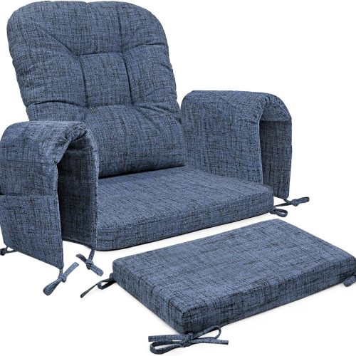 1 Glider Rocker Cushion Set (5 Pcs), Soft Blended Fabric High-Density Support Foam Seat Cushions with Ties, Fits Rocking Chair/Nursery Glider & Ottoman, Blue